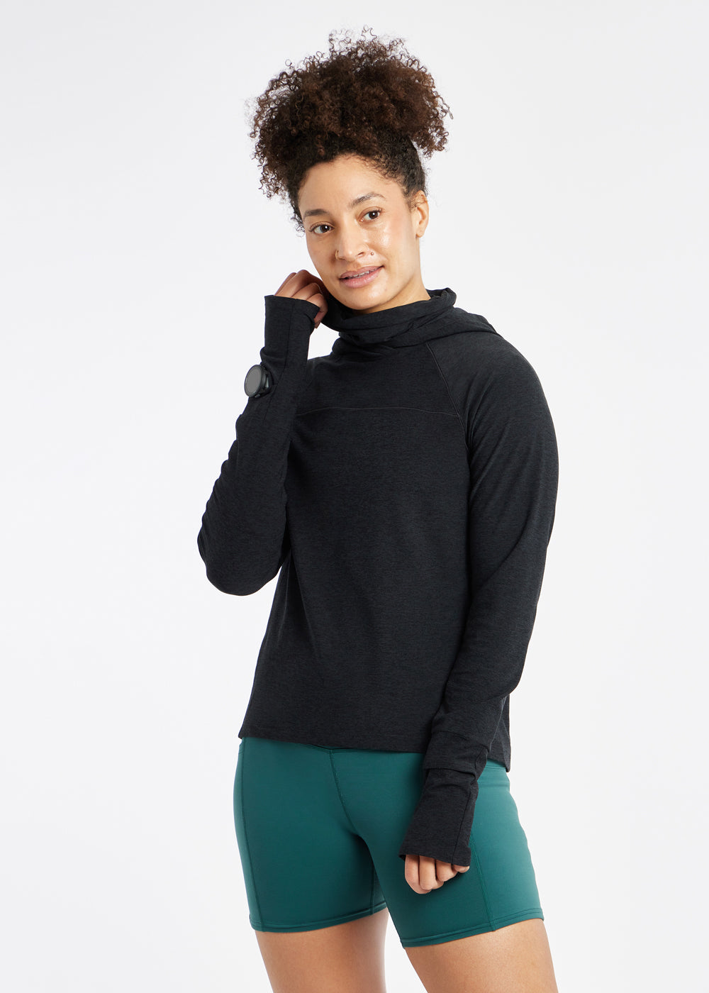 Lux Highline Long Sleeve Running Hoodie in Black, front view