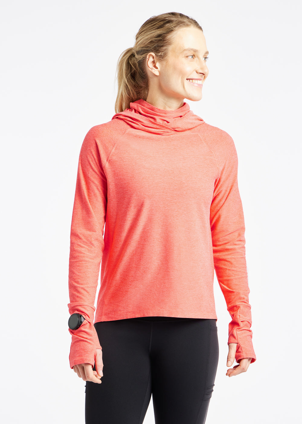 Lux Highline Long Sleeve Running Hoodie in Alpenglow Pink, front view 