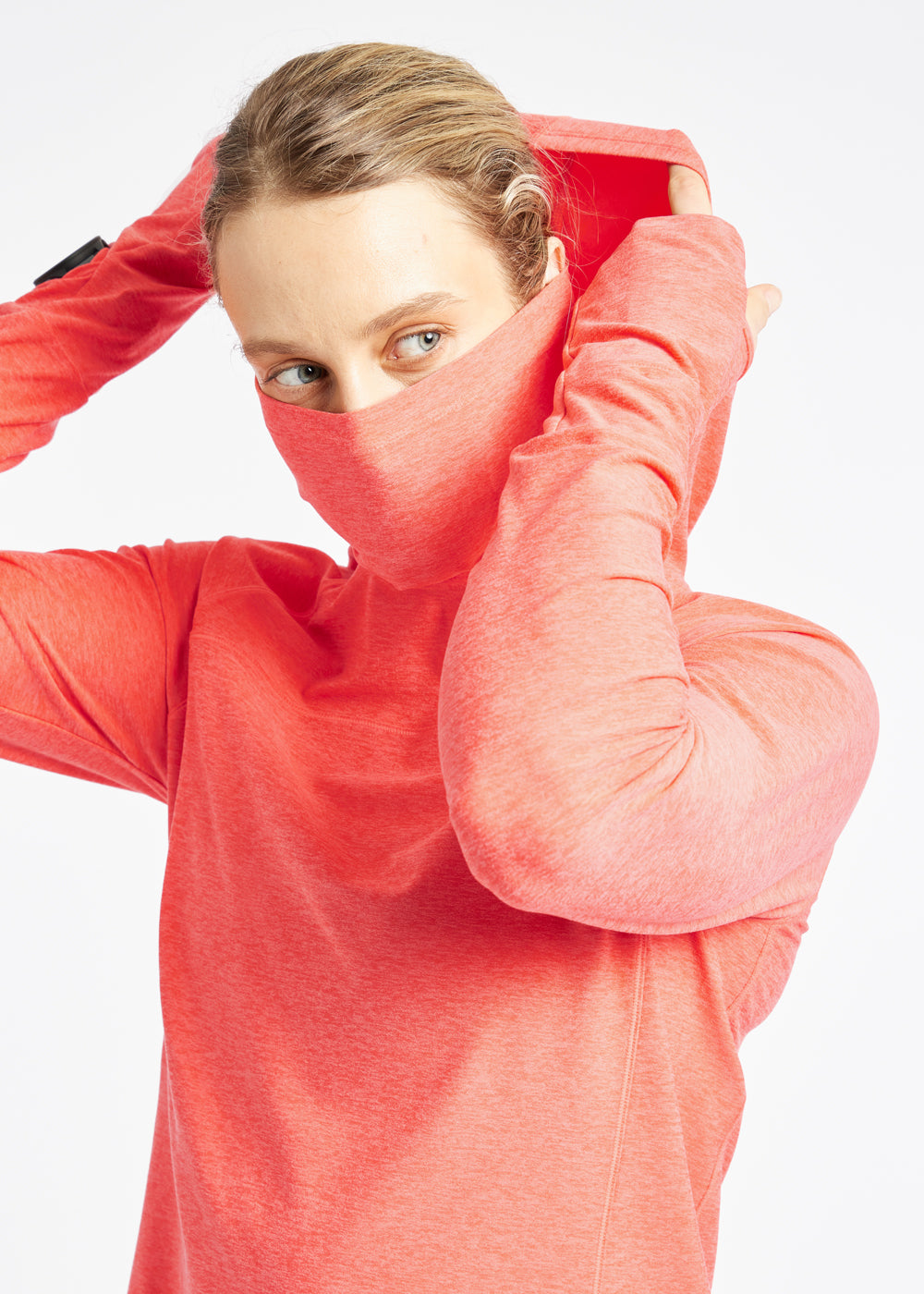 Lux Highline Long Sleeve Running Hoodie in Alpenglow Pink, gaiter and hood detail view 