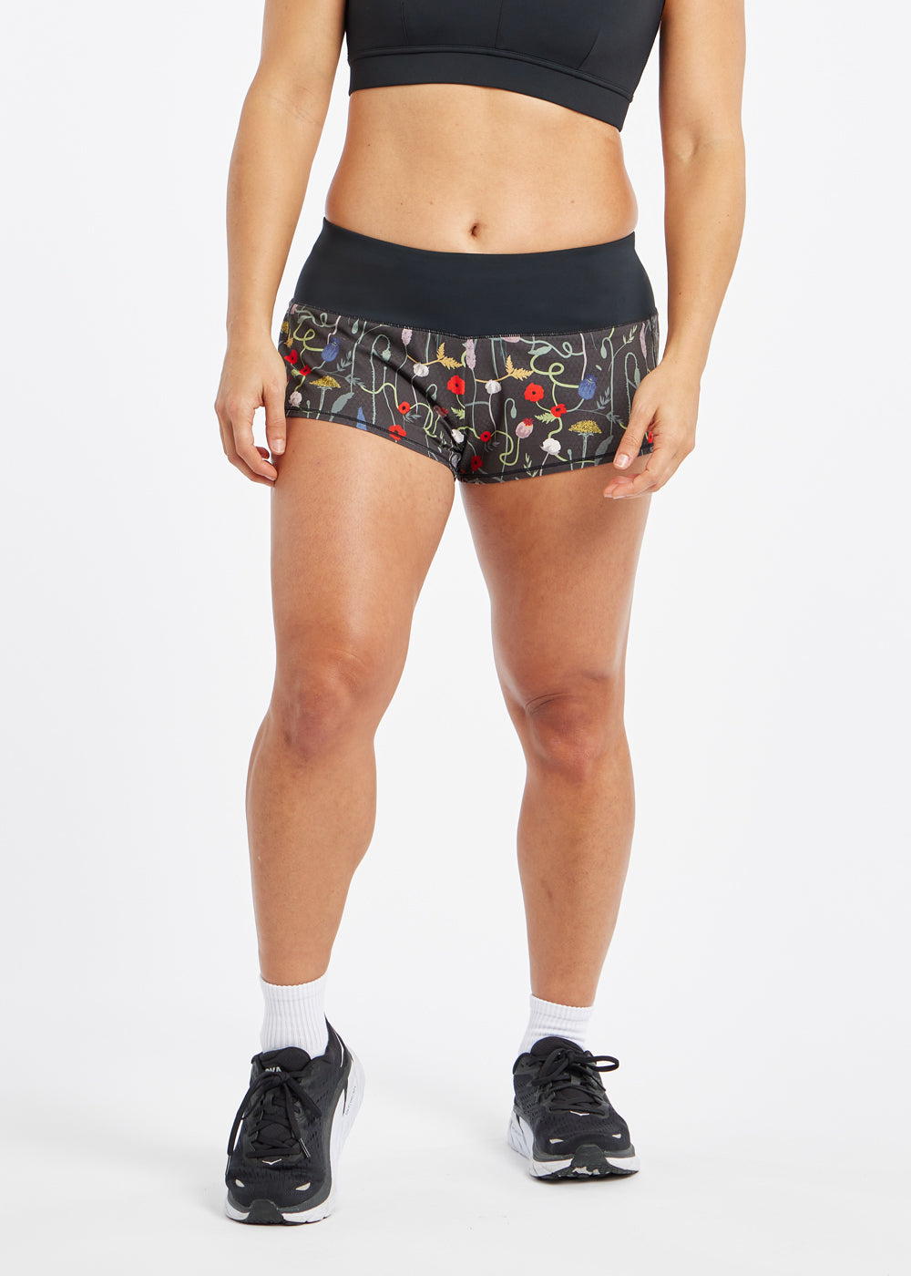 Mac Roga 1.75" Running Shorts in Black Wyld Flower Print, front view