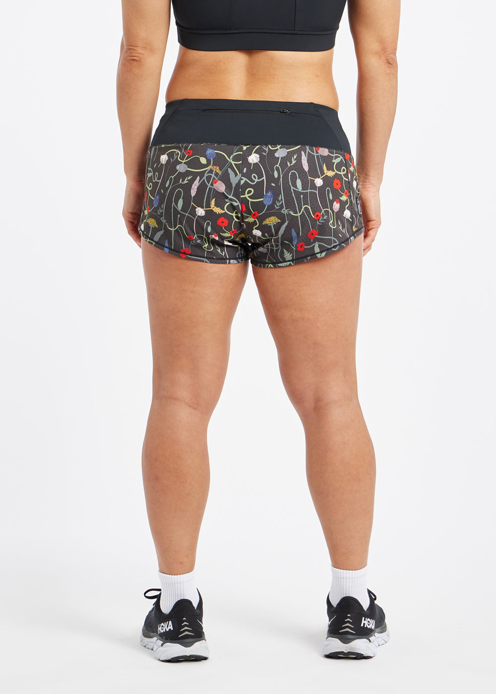 Mac Roga 1.75" Running Shorts in Black Wyld Flower Print, back view