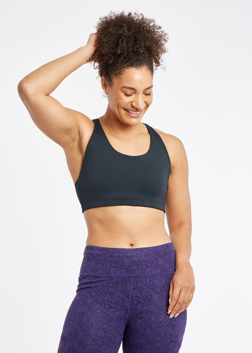 Open Lane Strappy Sports Bra in black, front view