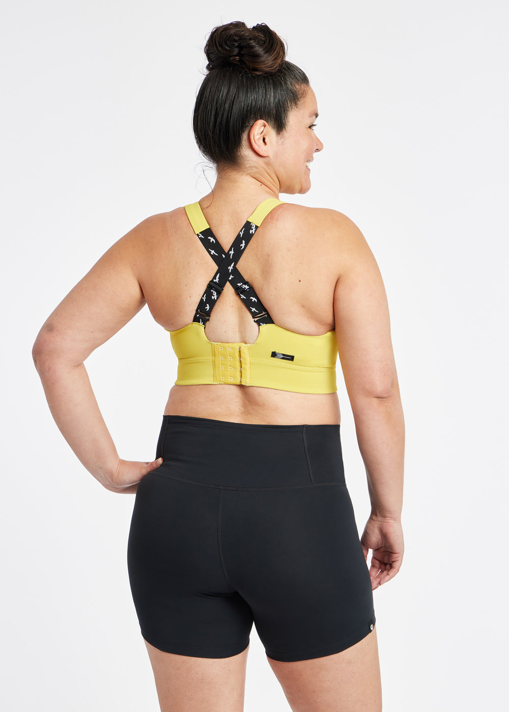 Queen High Impact Adjustable Sports Bra in Saffron Yellow, back view