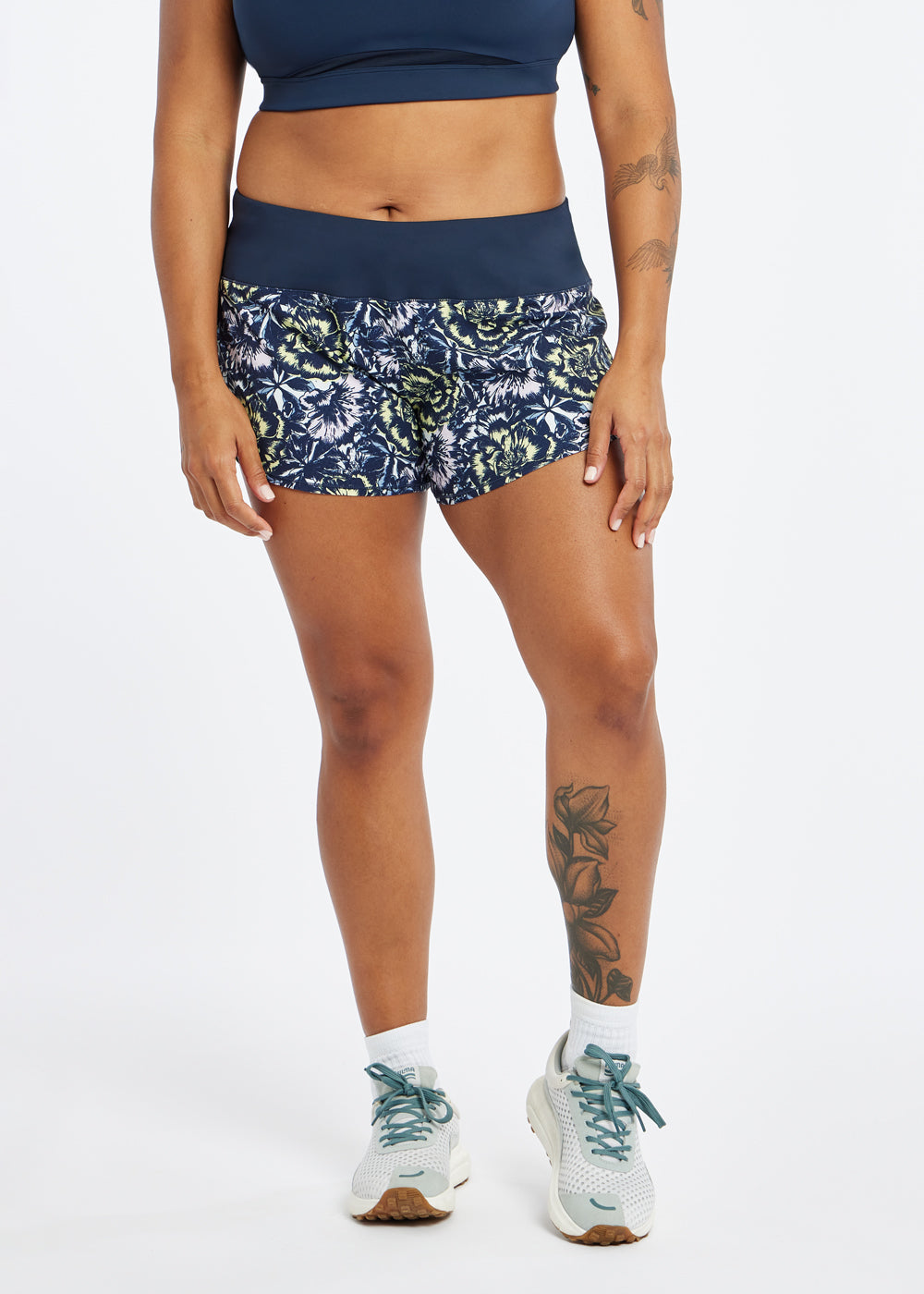 Roga 4" Running Shorts in Blue Flower Burst print, front view