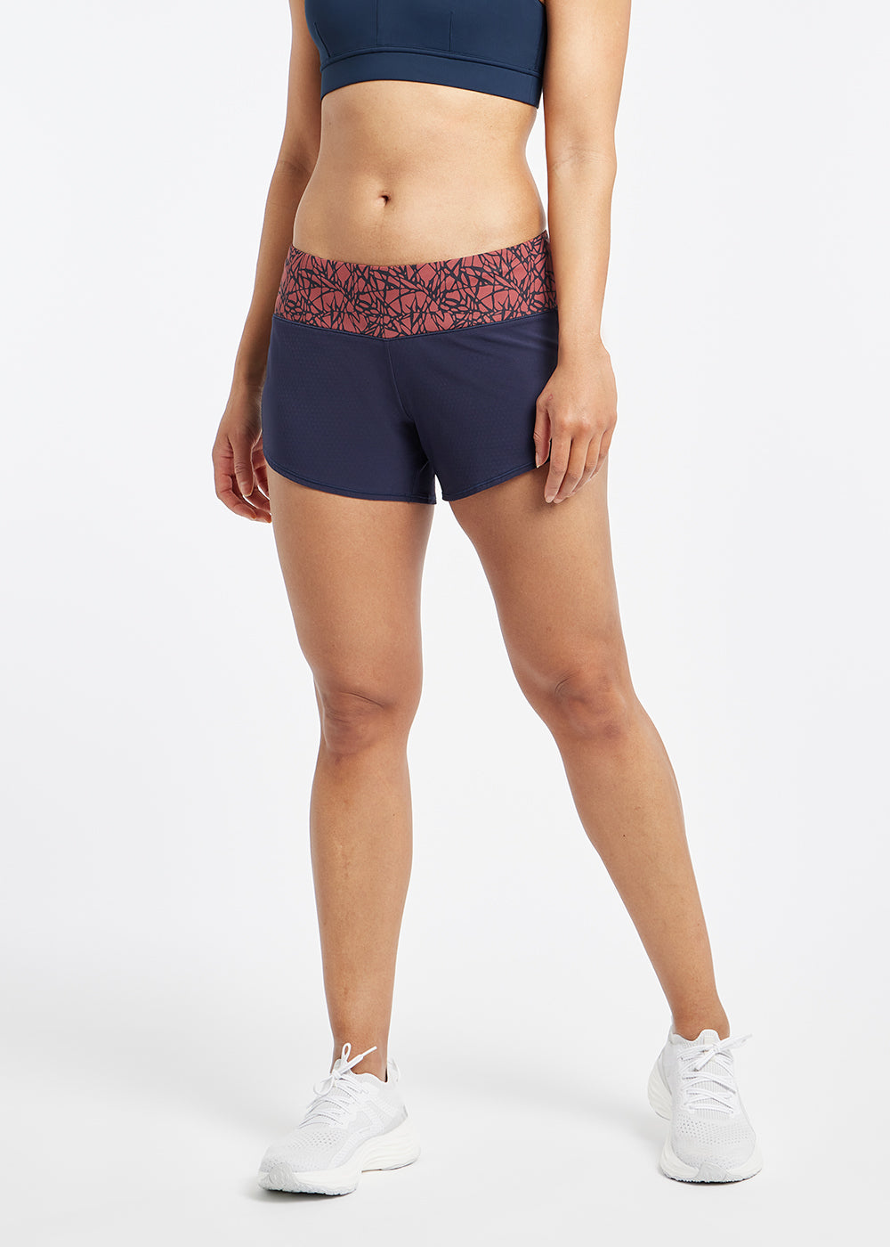 Roga 4" Running Shorts in Dark Ink Blue with Redwood print waistband, front view