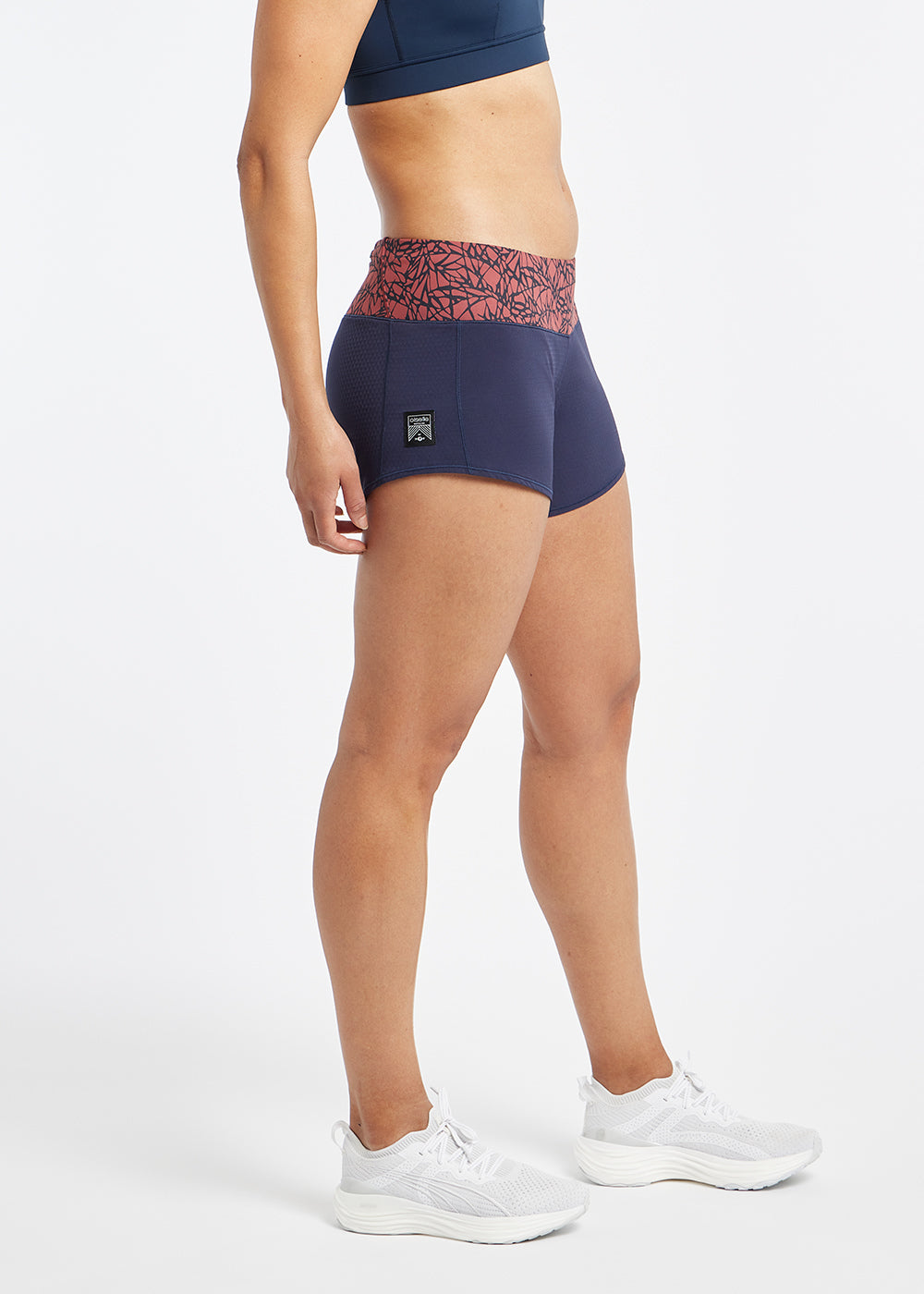 Roga 4" Running Shorts in Dark Ink Blue with Redwood print waistband, side view