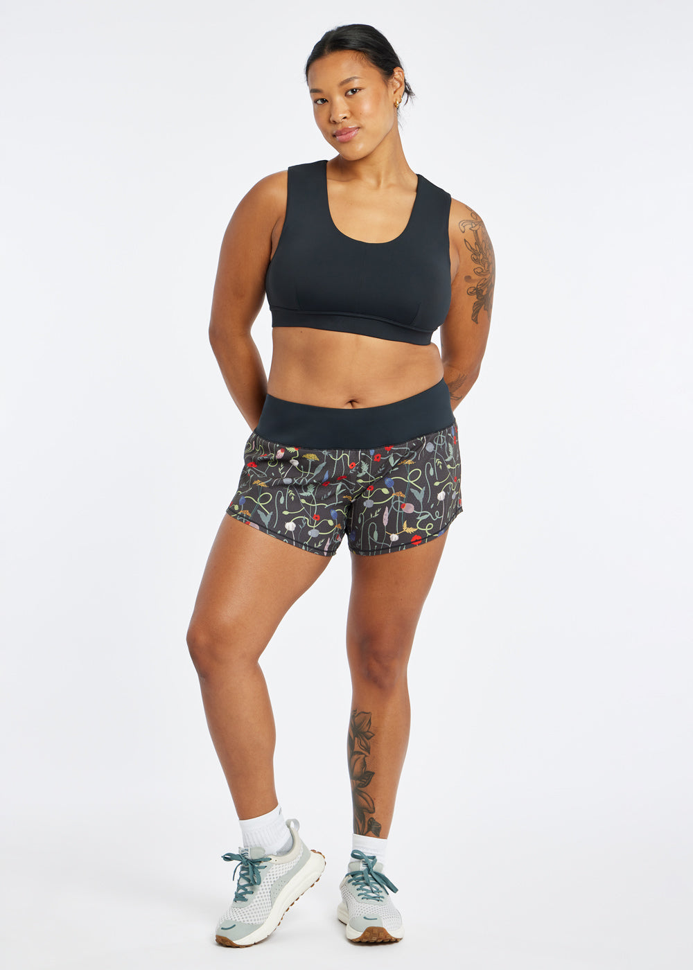 Roga Running Shorts in Wild Flower print, front 