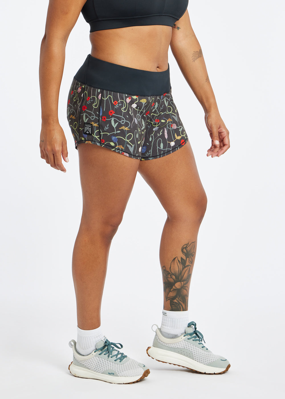 Roga Running Shorts in Wild Flower print, side view