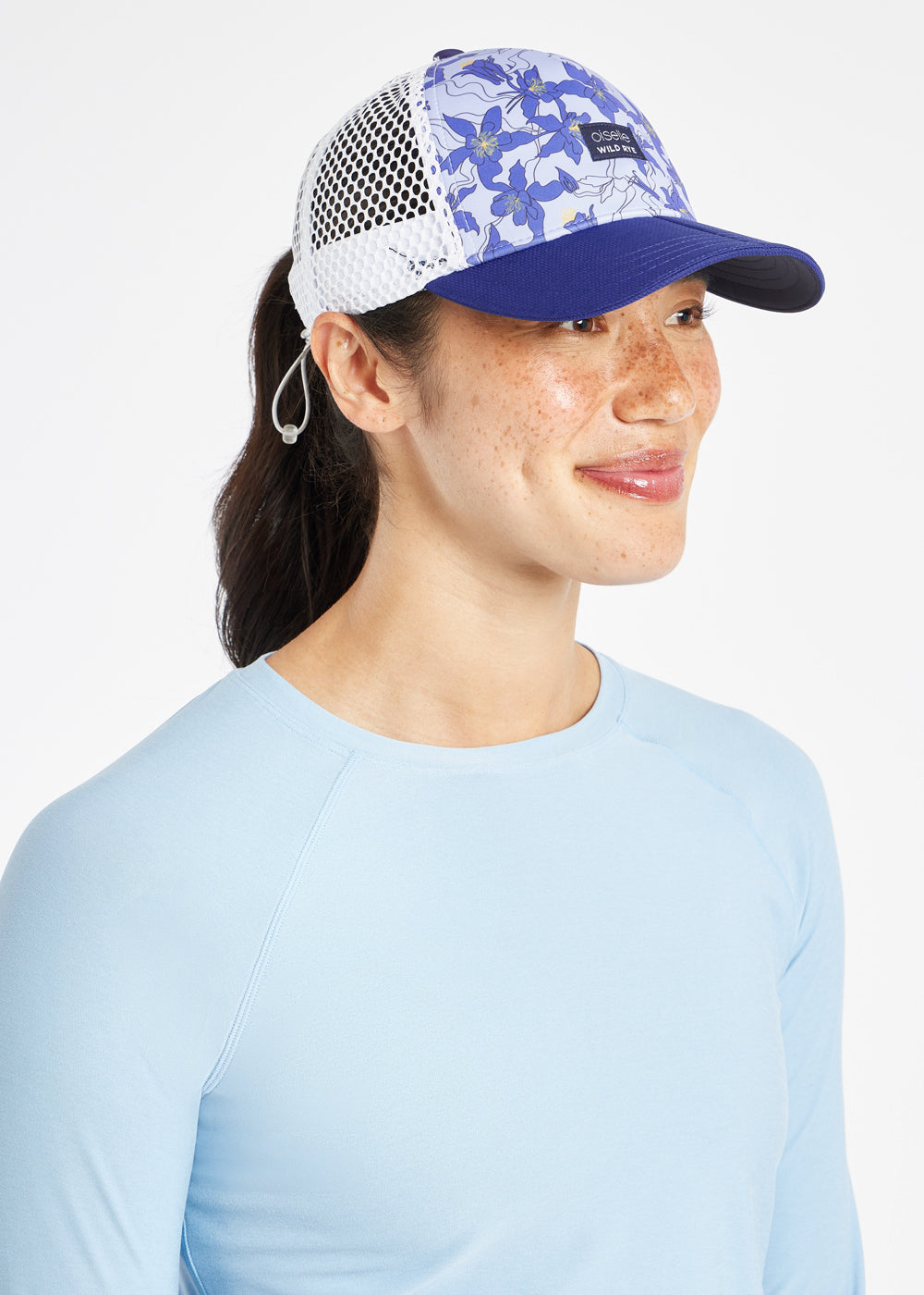 Runner Trucker Hat in  Aquila Bloom Blue Print, side view
