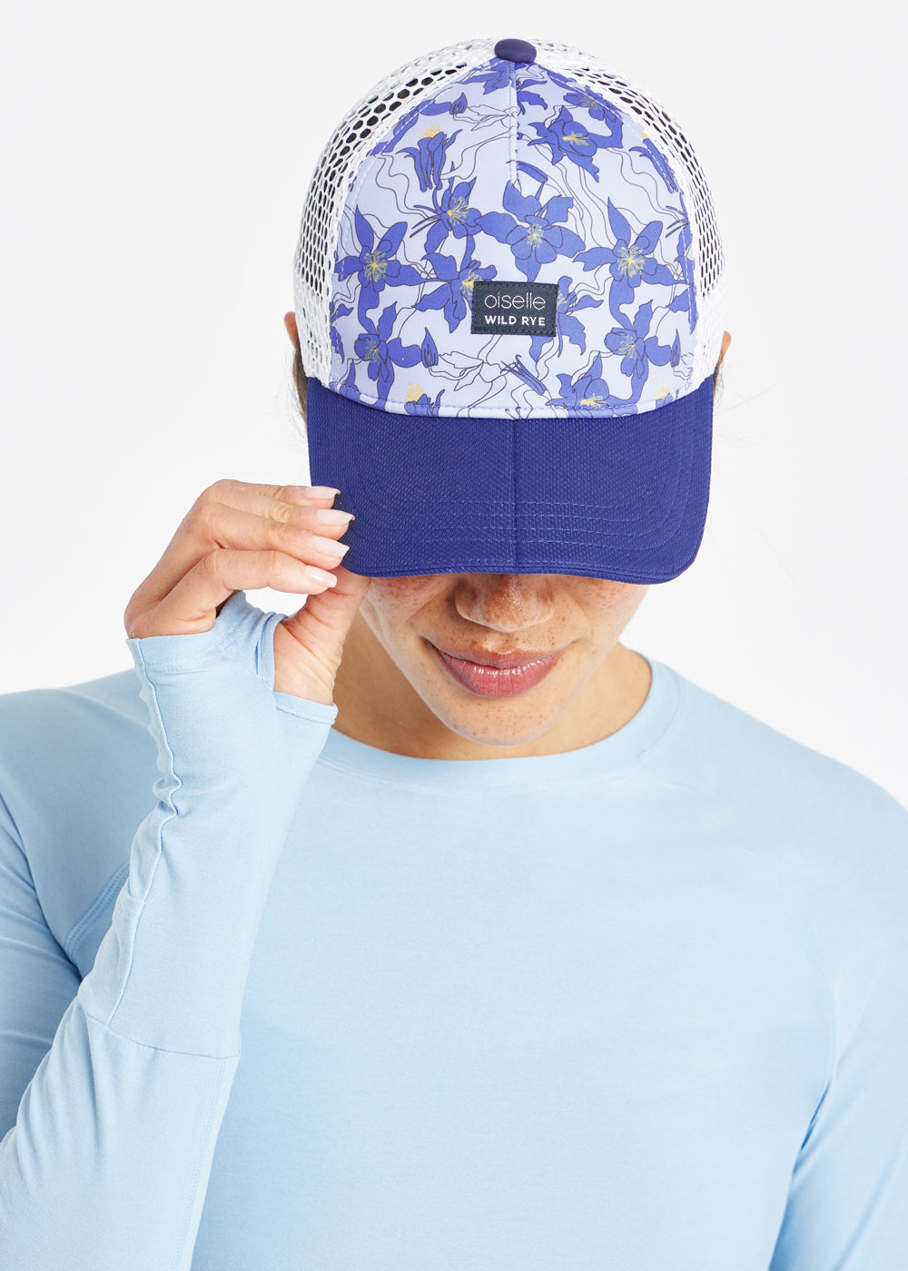 Runner Trucker Hat in  Aquila Bloom Blue Print, front panel view